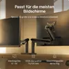 Two monitor arms mounted on a desk, holding monitors. Text describes features and compatibility. Produktbild-Vorschau
