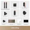 A grid of product accessories and components for a hair styling device, along with a storage box and manuals. Produktbild-Vorschau