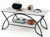 A rectangular coffee table with a marble-effect top and a lower shelf supported by black metal legs. Voir les images du produit
