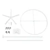 A flat lay of disassembled parts for a white, circular clothing rack, including the base, wheels, poles, and a circular frame, along with an instruction manual. Náhled obrázku produktu