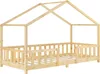 A wooden bed frame with a house-like structure and safety rails. Náhled obrázku produktu