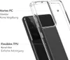 A clear phone case is shown over a black smartphone, highlighting its features. Produktbild-Vorschau