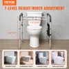 A toilet safety frame is shown installed around a toilet, with text and images indicating features and compatibility with different toilet types. Produktbild-Vorschau