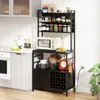 A kitchen scene featuring a multi-shelf storage unit with a microwave, jars, and wine bottles. Podgląd zdjęcia produktu