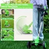 A person is holding a green weed wacker with wheels in a grassy yard. The image also shows diagrams of the weed wacker in different modes. Produktbild-Vorschau
