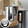 A collage of images showing a stainless steel electric kettle with a digital display and a black handle, placed on a wooden table. Another kettle handle is shown in close-up. A graphic icon is also present. Produktbild-Vorschau