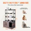A wooden cat litter box enclosure with shelves above, showing dimensions and cat size suitability. Podgląd zdjęcia produktu