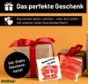 Gift boxes with red ribbons and gift tags on an orange background. Produktbild-Vorschau