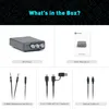 A collage showing the contents of a product box, including the main device, user manual, and various cables. Produktbild-Vorschau