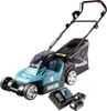 A cordless lawnmower with two batteries and a charger, presented on a white background. Produktbild-Vorschau