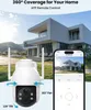 A security camera is shown in front of a modern house, with a smartphone displaying the camera's feed. Náhled obrázku produktu