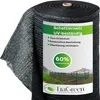 A roll of black shade netting with a label showing product information and a scene of a garden with netting. Produktbild-Vorschau