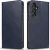 A product shot of a blue leather flip phone case for a Samsung Galaxy A55 5G, shown from two angles. Produktbild-Vorschau