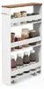 A white and brown narrow shelving unit filled with jars and bottles. Produktbild-Vorschau