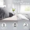 A bed with pillows and a duvet, set in a bedroom with a window and a bedside table. Produktbild-Vorschau