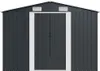 Front view of a dark grey metal shed with white trim and a white roof. Náhled obrázku produktu