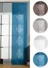 A blue panel curtain with a white damask pattern is shown hanging in front of a window. To the right, there are circular swatches of the same curtain in different colors: brown, gray, white, and blue. Produktbild-Vorschau