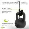 A black kettlebell is shown hanging from a cable, illustrating the cable's strength and flexibility. Text highlights features like 'Textile cable', 'braided coating', and 'gentle on sensitive surfaces'. Produktbild-Vorschau