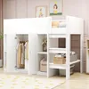 A white loft bed with integrated wardrobe and storage compartments, set up in a child's room with artwork on the wall. Podgląd zdjęcia produktu