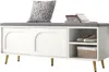 A white shoe bench with a gray cushion and a decorative pillow, featuring sliding doors and open shelving for shoes and a basket. Produktbild-Vorschau