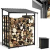 A metal firewood rack filled with logs, with a roof and a rain gutter detail shown in an inset. Produktbild-Vorschau