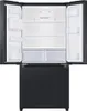 The interior of an open black French-door refrigerator. Produktbild-Vorschau