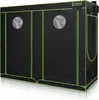 A black grow tent with green trim and circular windows, shown from a slight angle. Produktbild-Vorschau