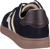 A close-up side view of a navy blue sneaker with cream accents and a brown heel tab. Anteprima dell’immagine prodotto