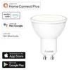 A white Hama WLAN-LED-Lampe with various compatibility logos and app store download buttons on a white background. Produktbild-Vorschau