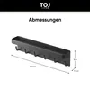 A black key holder with hooks and a small shelf, with dimensions indicated by lines and text. Produktbild-Vorschau