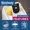 A close-up of a Bestway Lay-Z-SPA control panel with two glasses of orange juice, surrounded by marketing text and icons. Produktbild-Vorschau