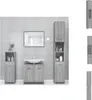 A bathroom vanity set with a sink, mirror, and two storage cabinets against a tiled wall. Produktbild-Vorschau