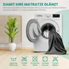A washing machine with a blanket being loaded, next to a potted plant, with laundry care symbols below. Produktbild-Vorschau