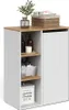 A white and wood-grain bathroom cabinet with open shelves and a closed cabinet door, styled with decorative items. Náhled obrázku produktu