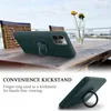 A dark green phone case with a ring stand is shown on a wooden table outdoors, with chairs and flowers in the background. A second image shows the phone case from a different angle, demonstrating the ring stand. Produktbild-Vorschau