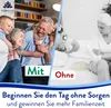A split image showing a happy family on one side and a distressed couple in bed on the other, with text overlays. Produktbild-Vorschau