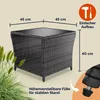 A dark gray polyrattan side table with dimensions indicated, placed outdoors with greenery in the foreground. Anteprima dell’immagine prodotto