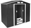 A dark gray metal garden shed with a pitched roof and double doors. Náhled obrázku produktu