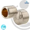 A close-up of a metal plumbing fitting with threaded ends, set against a white and light gray background with brand logos. Produktbild-Vorschau