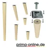 A collection of wooden furniture legs and mounting hardware, arranged on a white background. Voir les images du produit