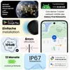 A collage showcasing a small black tracker device and its features, including compatibility with Android and Google services, its slim design, loud sound capabilities, water resistance, battery life, and global tracking capabilities via a smartphone app. Produktbild-Vorschau