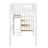 A white metal loft bed with wooden shelves and a desk area, shown against a white background. Anteprima dell’immagine prodotto