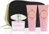 A Versace Bright Crystal Eau De Toilette gift set including a perfume bottle and two lotions, presented with a black cosmetic bag. Podgląd zdjęcia produktu