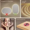 A collage of images showcasing a mirror with LED lighting, its features, and packaging. Podgląd zdjęcia produktu
