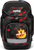 A black ergobag school backpack with a geometric pattern in red and gray, featuring a fiery graphic on the front pocket. Anteprima dell’immagine prodotto