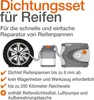 Illustration of a tire repair kit with a tire, sealant container, and air compressor. Produktbild-Vorschau