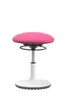 A pink, adjustable height stool with a round seat and a white base.