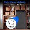 A dark gray refrigerator is shown in a kitchen or pantry setting, with shelves filled with baskets of food items. A blue overlay highlights a control dial and a keypad. Produktbild-Vorschau