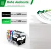A stack of paper and printer ink cartridges are shown with marketing text about page yield. Produktbild-Vorschau
