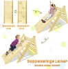 A collage of images showing a wooden climbing triangle with a slide and a climbing wall attachment, with children interacting with it. Produktbild-Vorschau